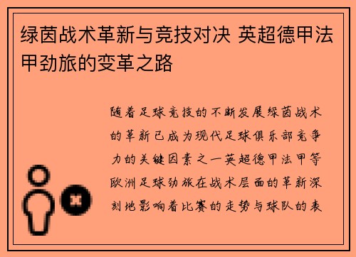 绿茵战术革新与竞技对决 英超德甲法甲劲旅的变革之路